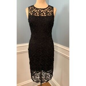 BISOU BISOU Dress Womens 8 Sleeveless Lace Midi Bodycon Tank Sheath Floral Black
